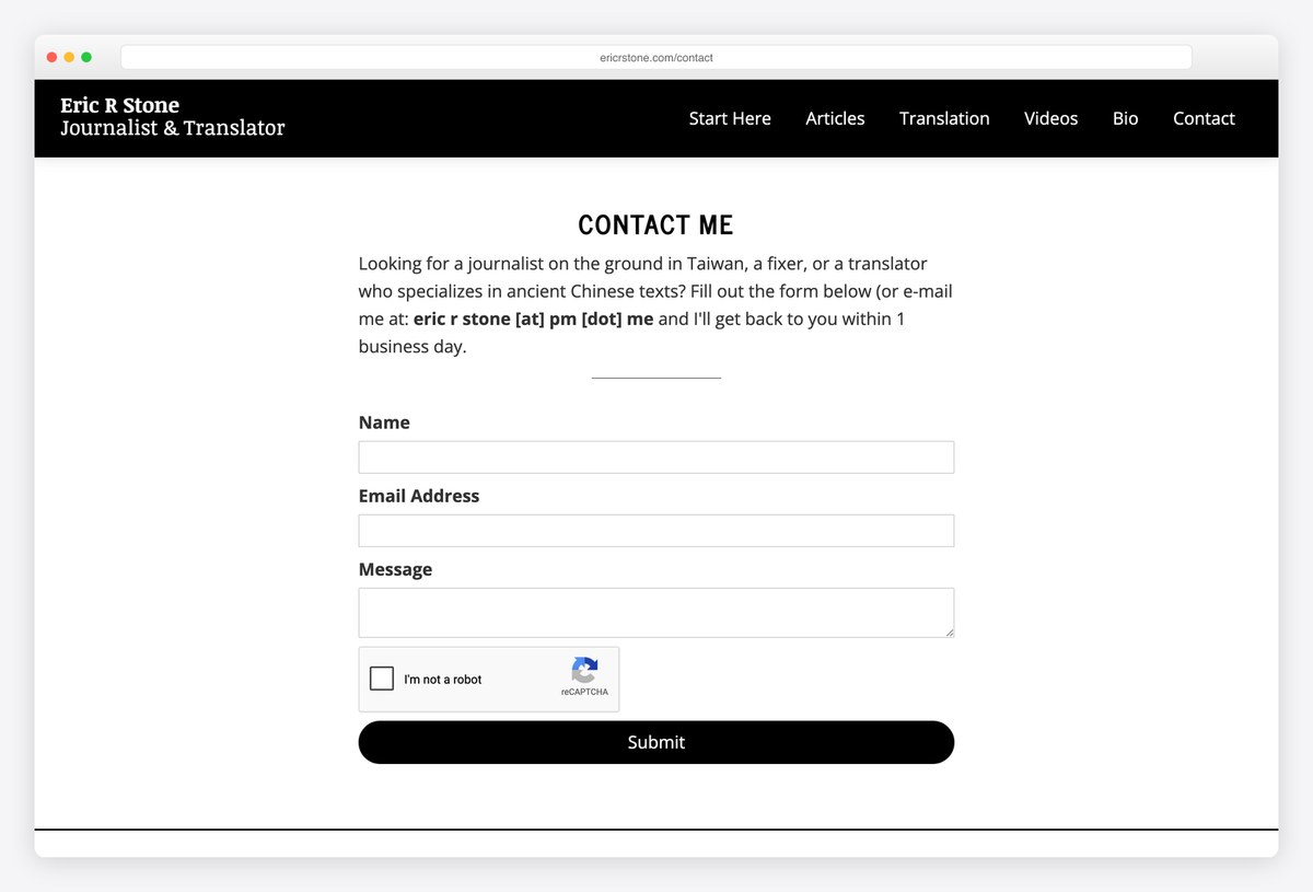 Eric R Stone's contact page addressing editors, fixers and translation clients