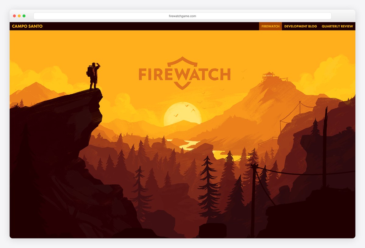 Firewatch website hero with layered illustrated cliffs, hills and a sunset