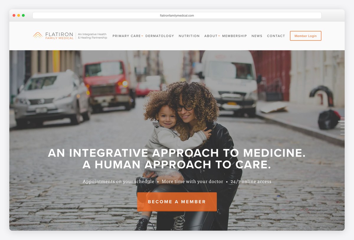 Flatiron Family Medical hero with a white headline over a dimmed street photo