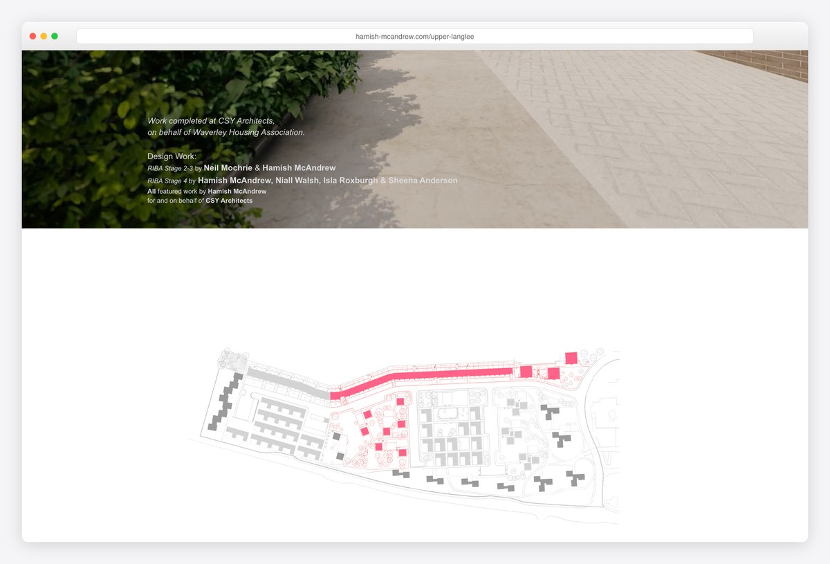 Hamish McAndrew's Upper Langlee project page with a credit block naming the team for each RIBA stage above a site plan