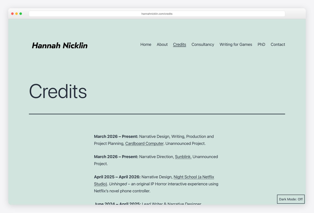 Hannah Nicklin's dated credits page listing studio and role