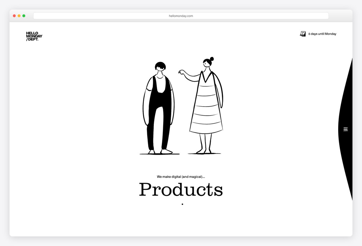 Hello Monday home page with two line-drawn characters above the word Branding