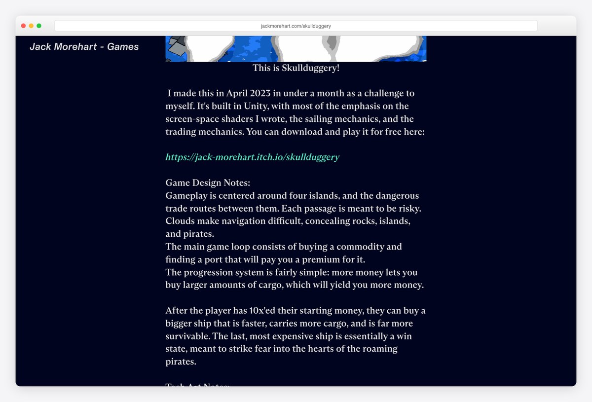 Jack Morehart's Skullduggery page with game design and tech art notes