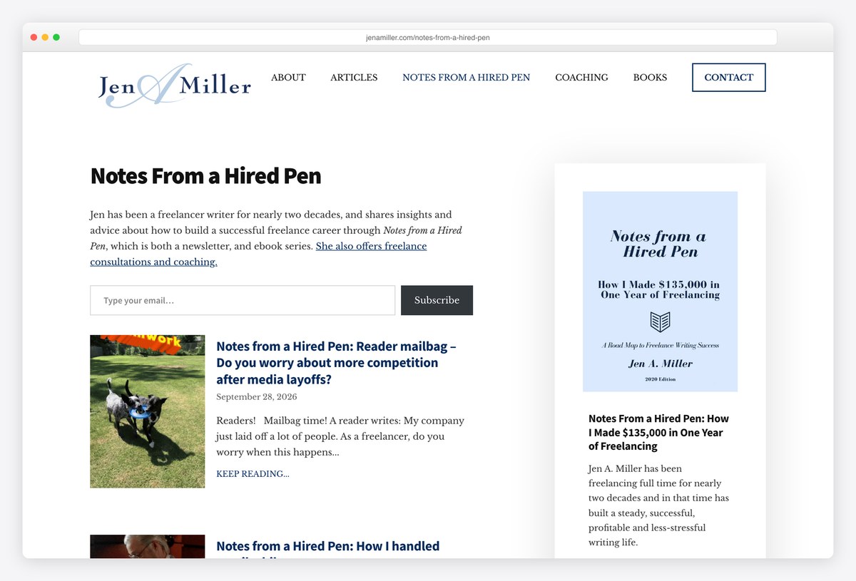 Jen A. Miller's Notes from a Hired Pen newsletter page with a sign-up form and recent posts