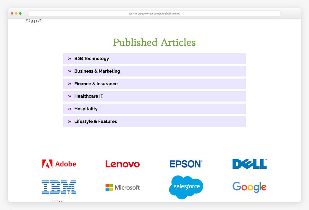Jennifer Goforth Gregory's published articles grouped into industry sections