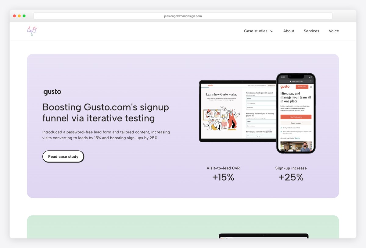 Jessica Goldman's Gusto case-study card with its conversion and sign-up results