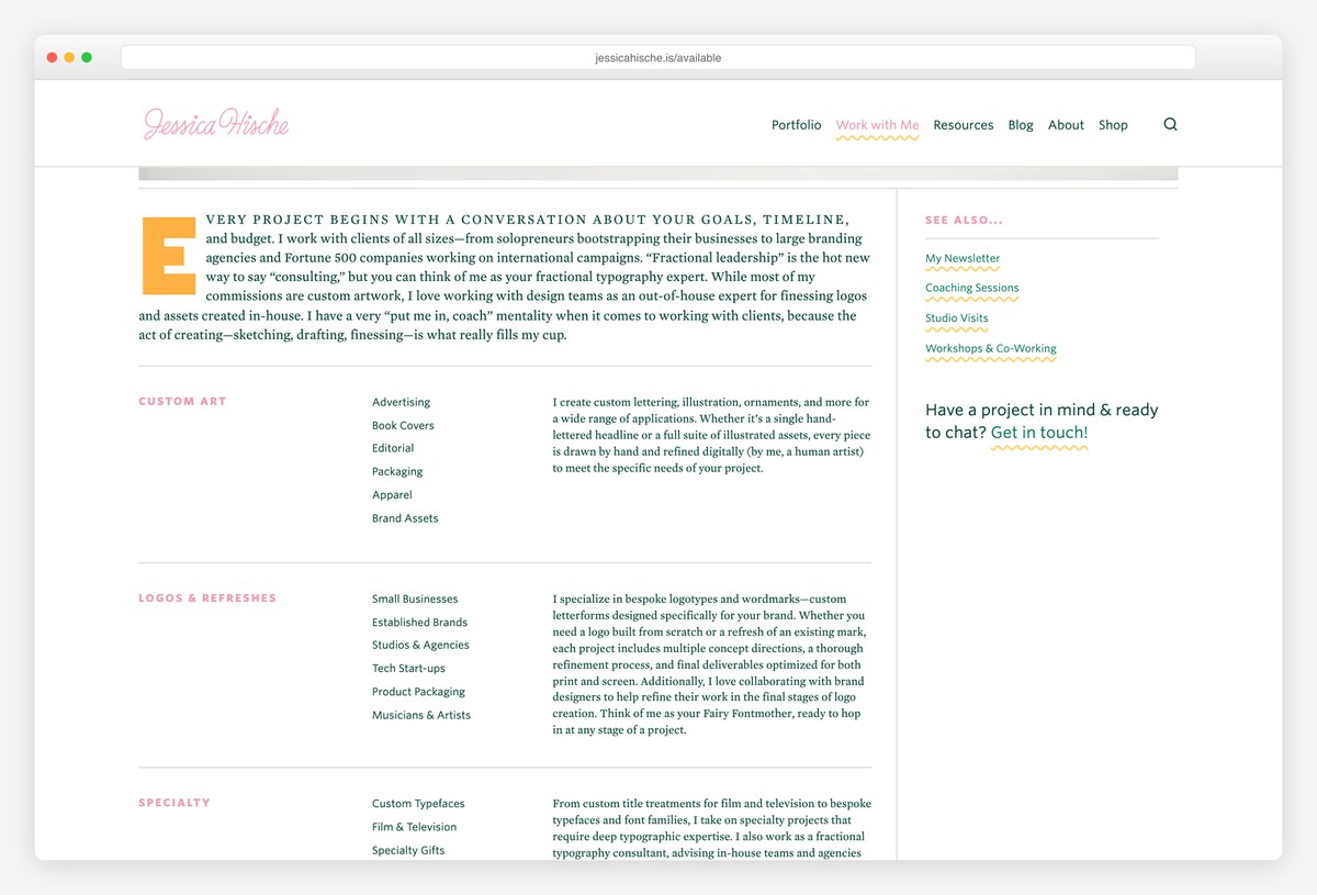 Jessica Hische's commissions page listing the custom art, logo and specialty work she takes on