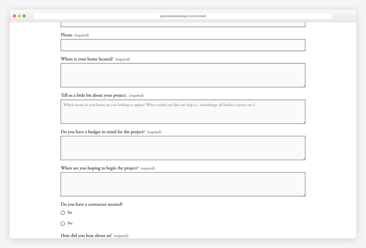 Jessica Nelson Design's enquiry form asking for the home's location, budget and start date