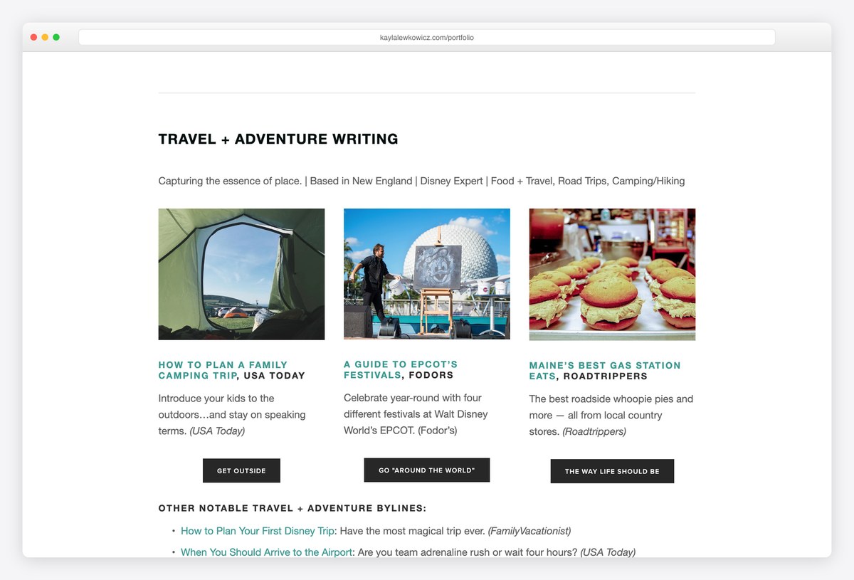 Kayla Voigt's portfolio page with each writing sample labelled with its publication