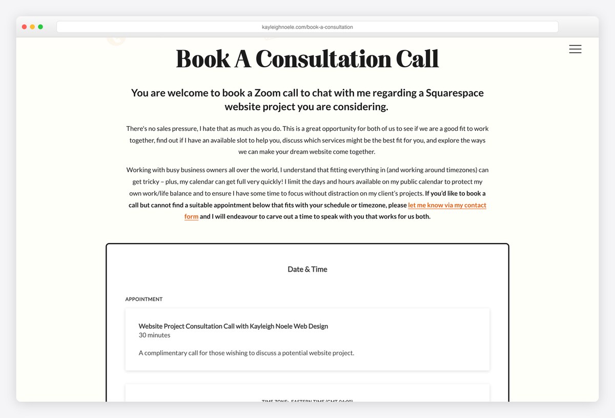 Kayleigh Noele's Book A Consultation page with an embedded Acuity Scheduling calendar