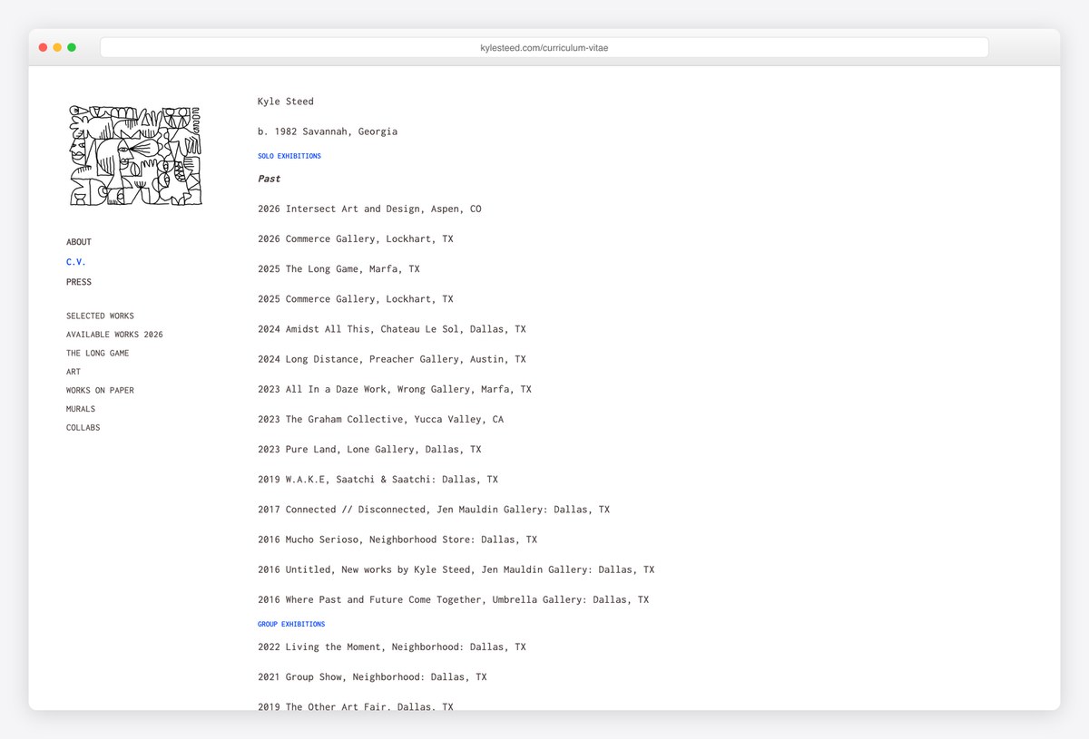 Kyle Steed's C.V. page listing solo exhibitions, group exhibitions and murals