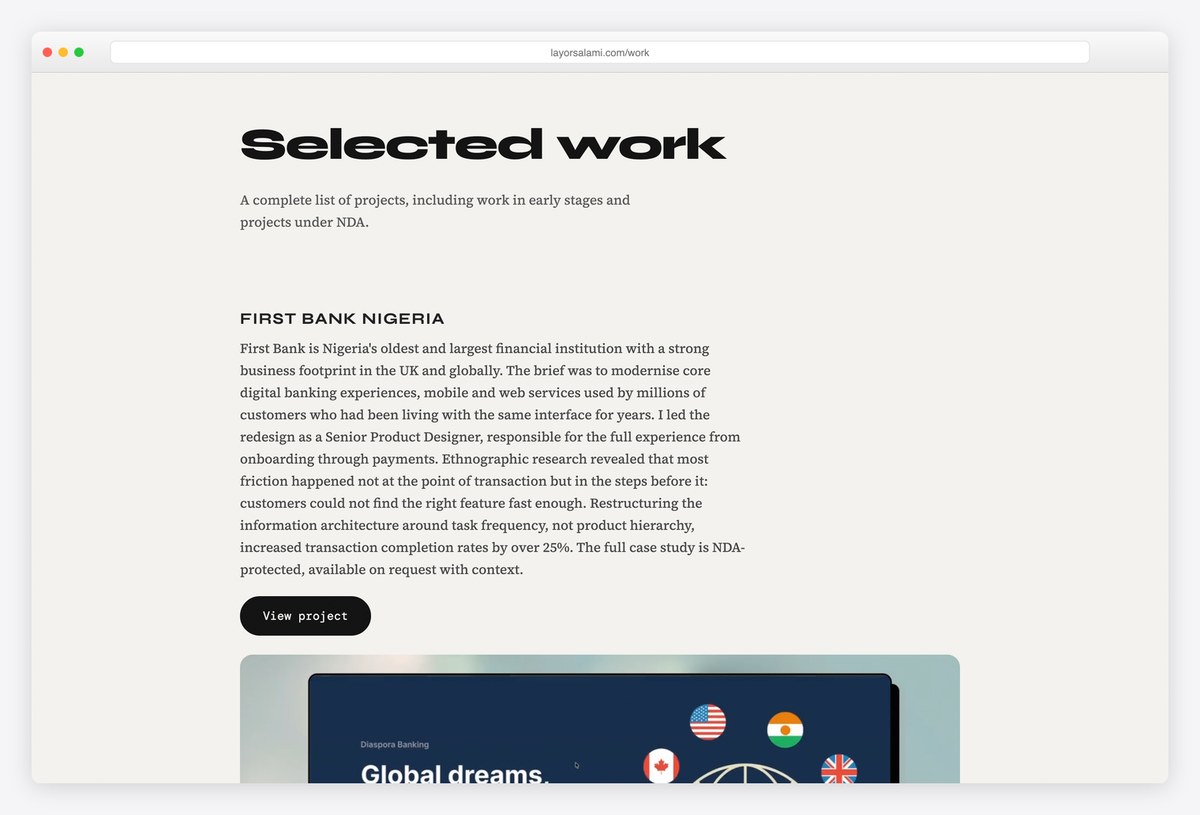 Layor Salami's work page describing an NDA-protected First Bank case study with its outcome
