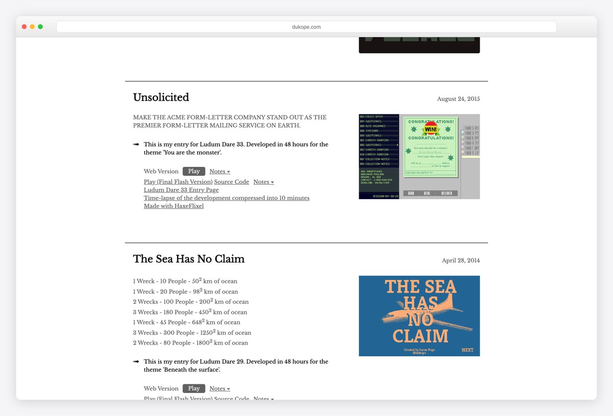 Lucas Pope's Unsolicited entry with Play and Source Code links