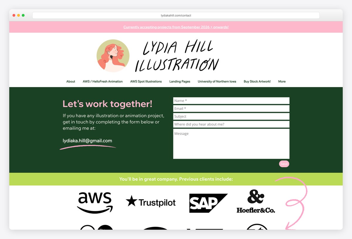 Lydia Hill's contact page with her availability banner above the menu