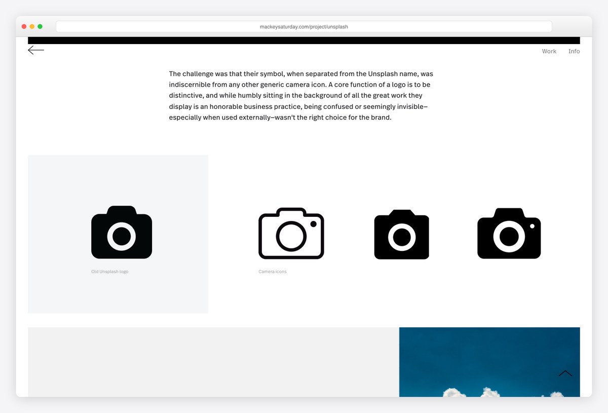Mackey Saturday's Unsplash case study explaining the problem with the old symbol, next to generic camera icons