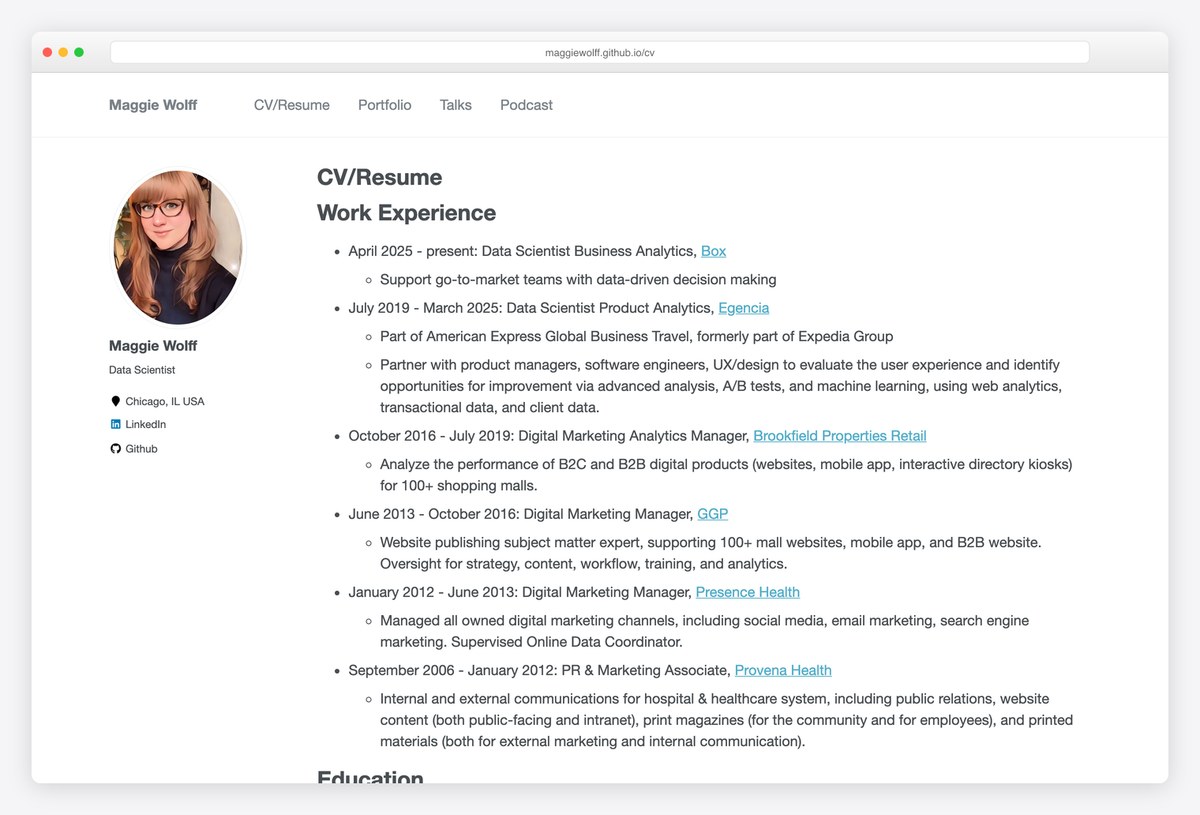 Maggie Wolff's CV page with her work history in the site's menu