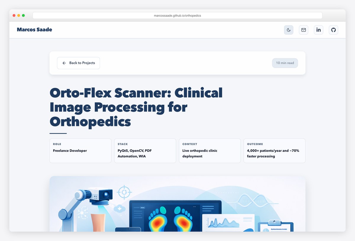 Marcos Saade's orthopedic scanner case study header with role, stack, context and outcome