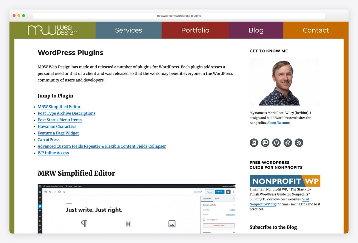 Mark Root-Wiley's WordPress Plugins page listing MRW Simplified Editor and his other plugins