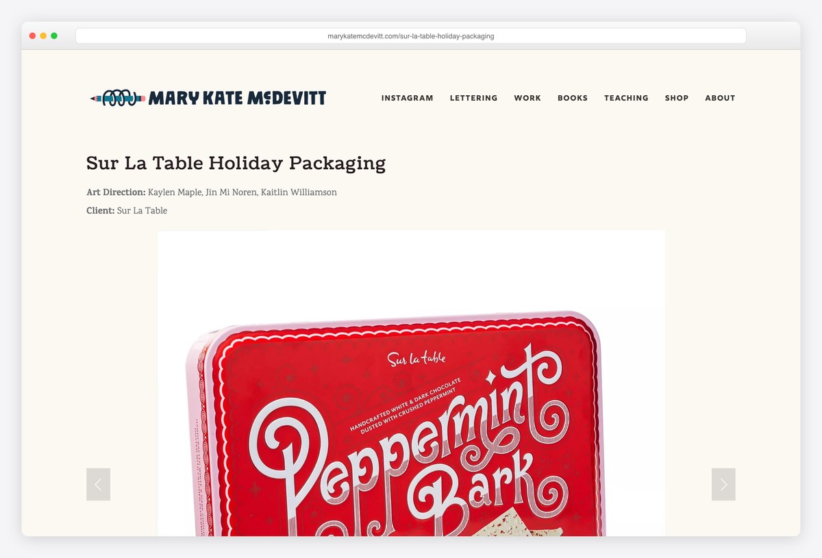 Mary Kate McDevitt's Sur La Table Holiday Packaging project page naming the art directors and the client above the work
