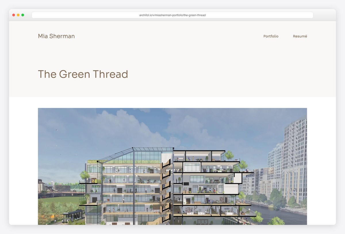 Mia Sherman's diploma project page opening with a building section perspective