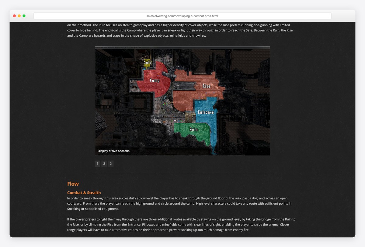 Michiel Werring's level documentation with a colour-coded map of five sections