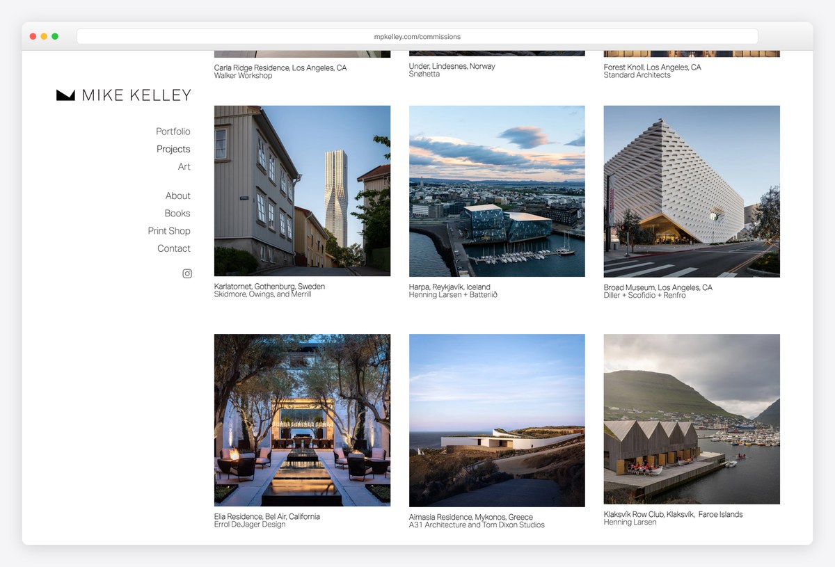 Mike Kelley's Projects page with each building captioned with its location and architect