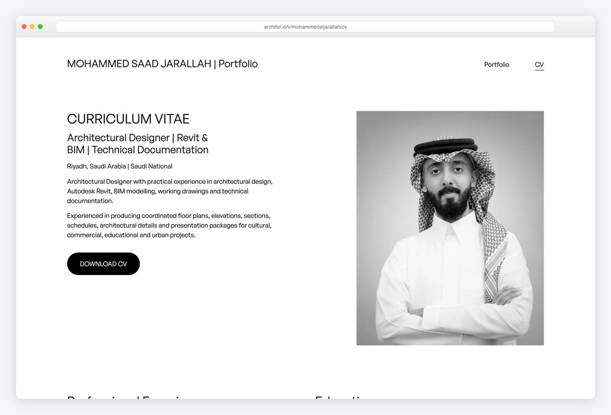 Mohammed Aljarallah's CV page with his summary and a Download CV button