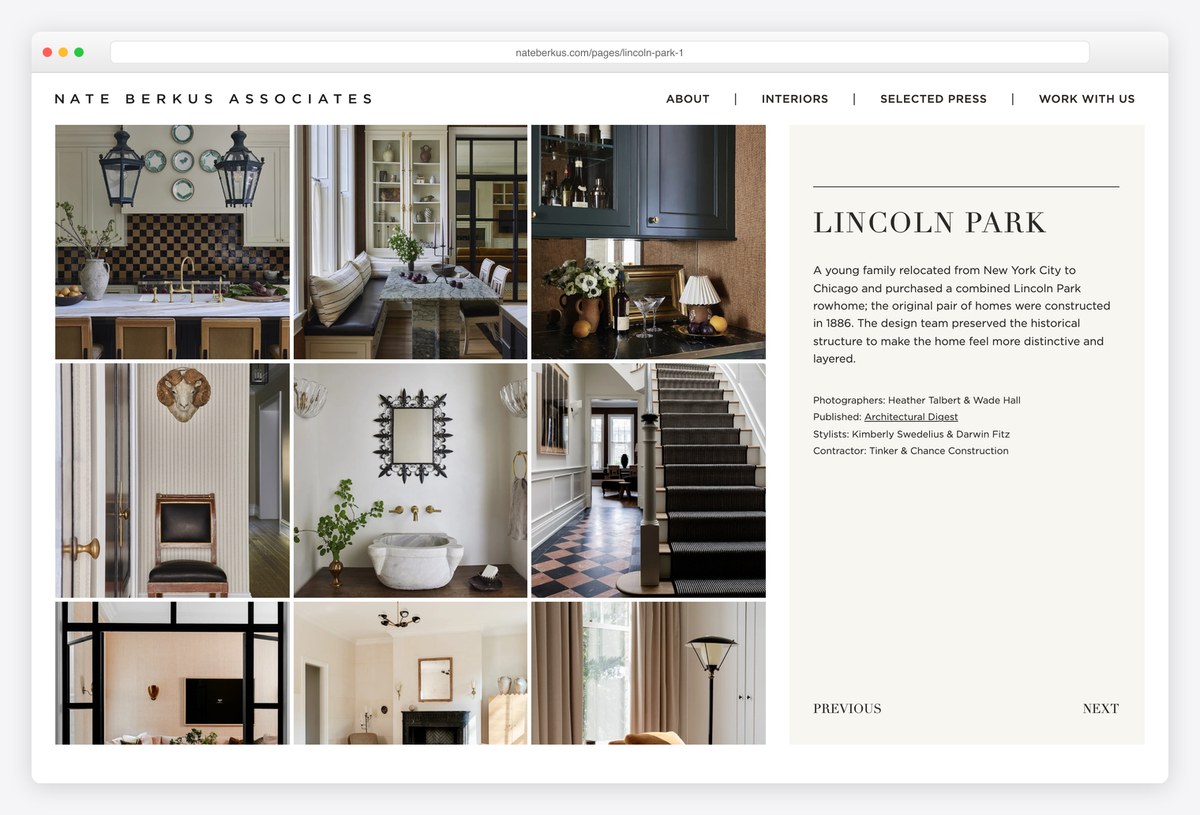 Nate Berkus's Lincoln Park project page crediting photographers, stylists, contractor and publication
