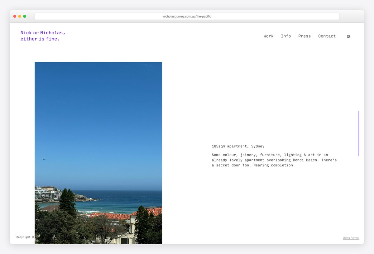 Nicholas Gurney's project page captioned with floor area, city and status