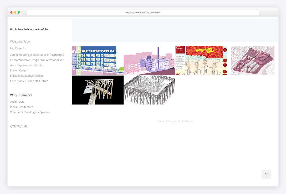Nicole Ross's portfolio menu with My Projects and Work Experience listed separately beside the project grid
