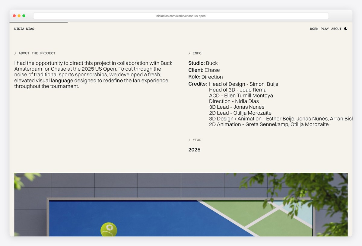 Nidia Dias's Chase US Open project with studio, client, role and credits
