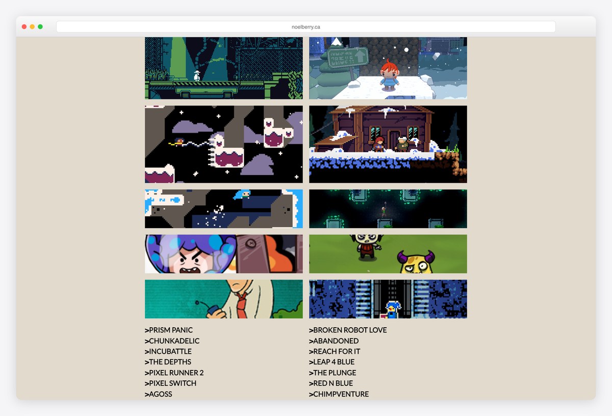 Noel Berry's grid of animated game thumbnails