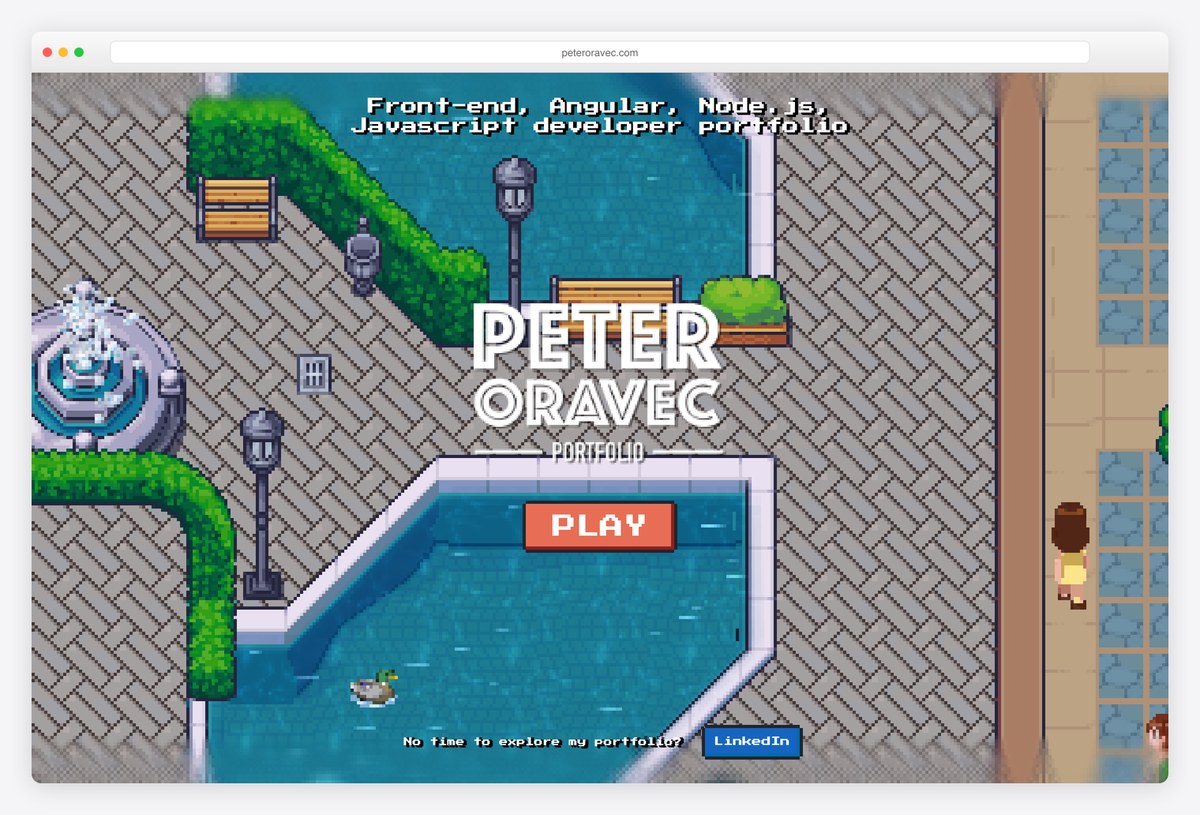 Peter Oravec pixel-art portfolio start screen with a Play button and a link for visitors with no time to explore