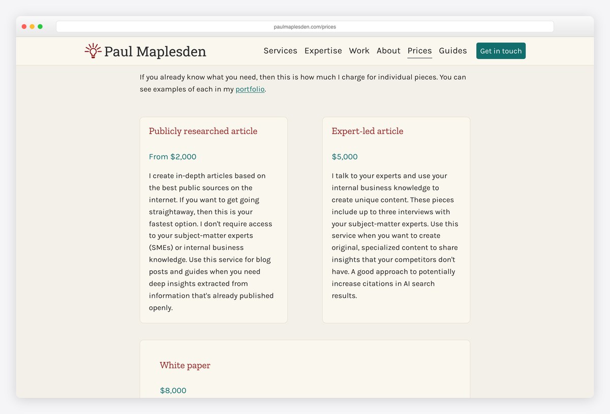 Paul Maplesden's prices page with a starting price for each type of piece