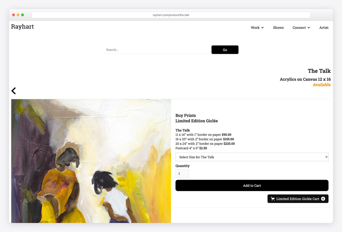 Ray Hart's painting page with medium, size, availability and giclée print options