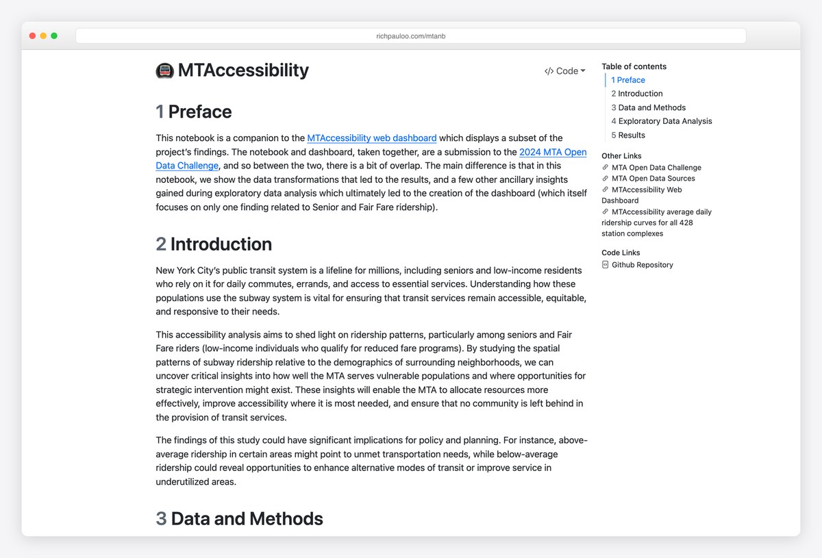 Rich Pauloo's MTAccessibility notebook with its table of contents and preface