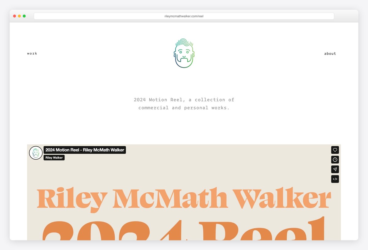 Riley McMath Walker's reel page with a single short motion reel