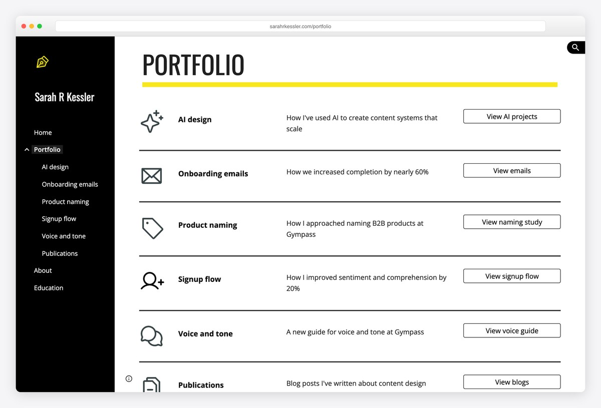 Sarah R Kessler's Google Sites portfolio with results in the case-study titles