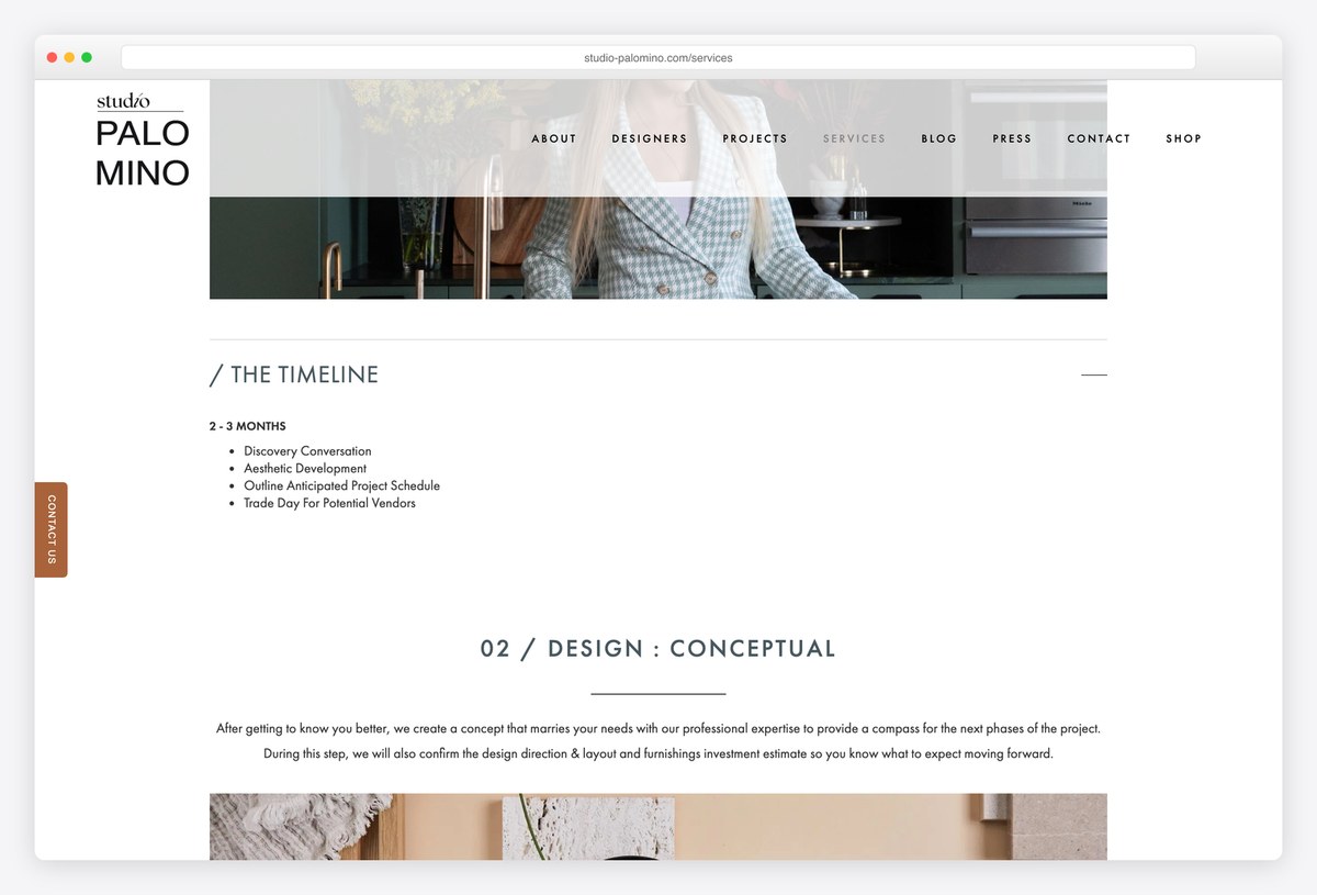 Studio Palomino's services page with the discovery phase timeline opened, listing its duration and steps