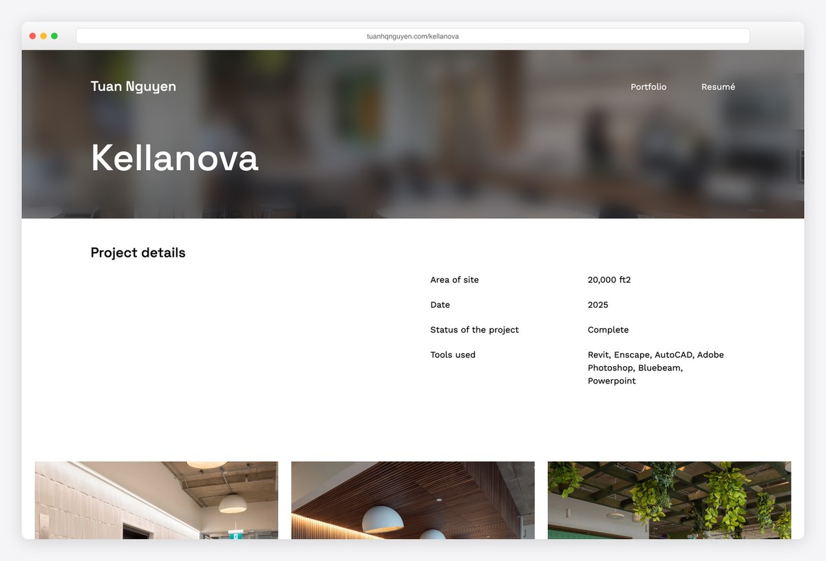 Tuan Nguyen's Kellanova project page listing area, status and software used