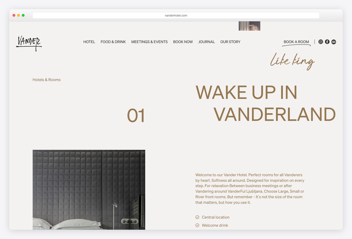 Vander Hotel rooms section with small photos around the Wake up in Vanderland headline