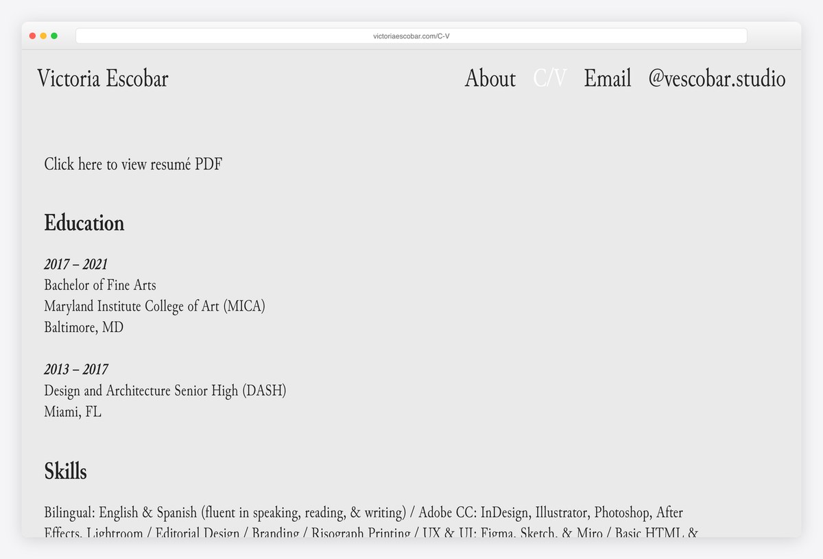 Victoria Escobar's C/V page with her education and skills