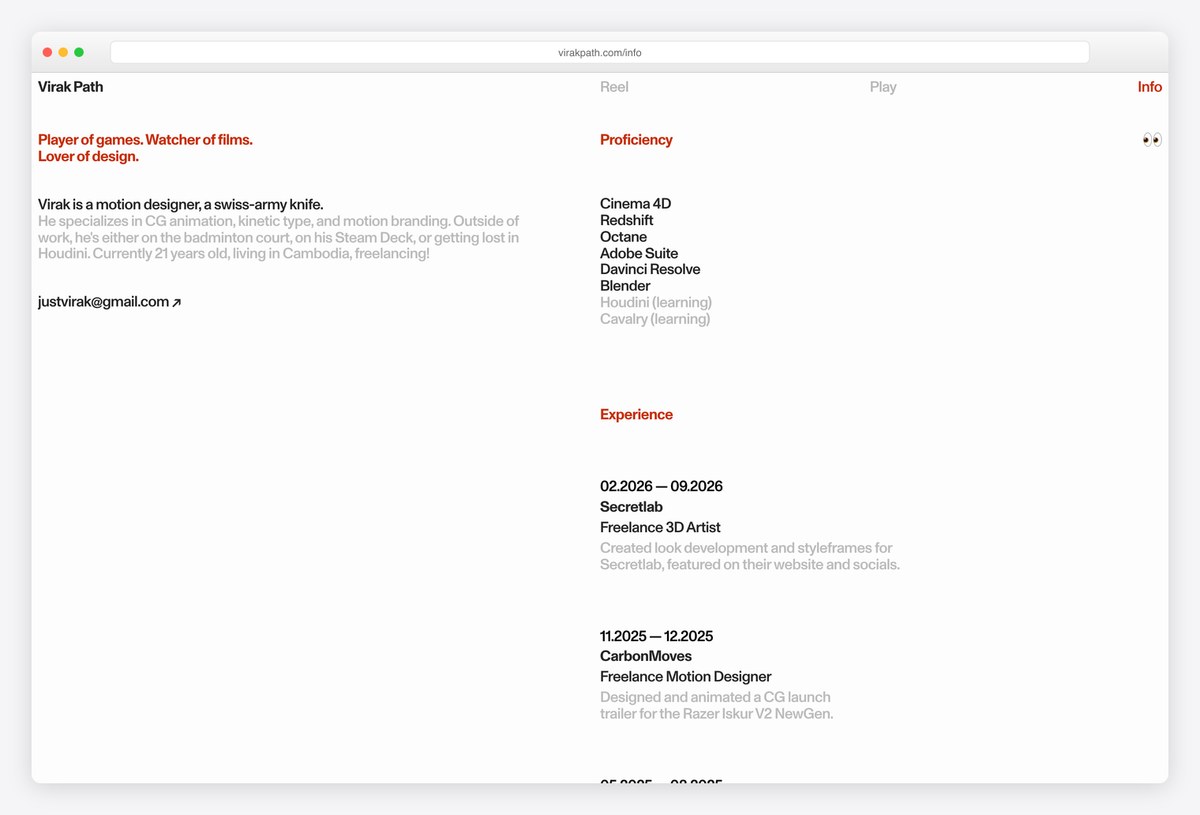 Virak Path's Info page with his tools and dated experience