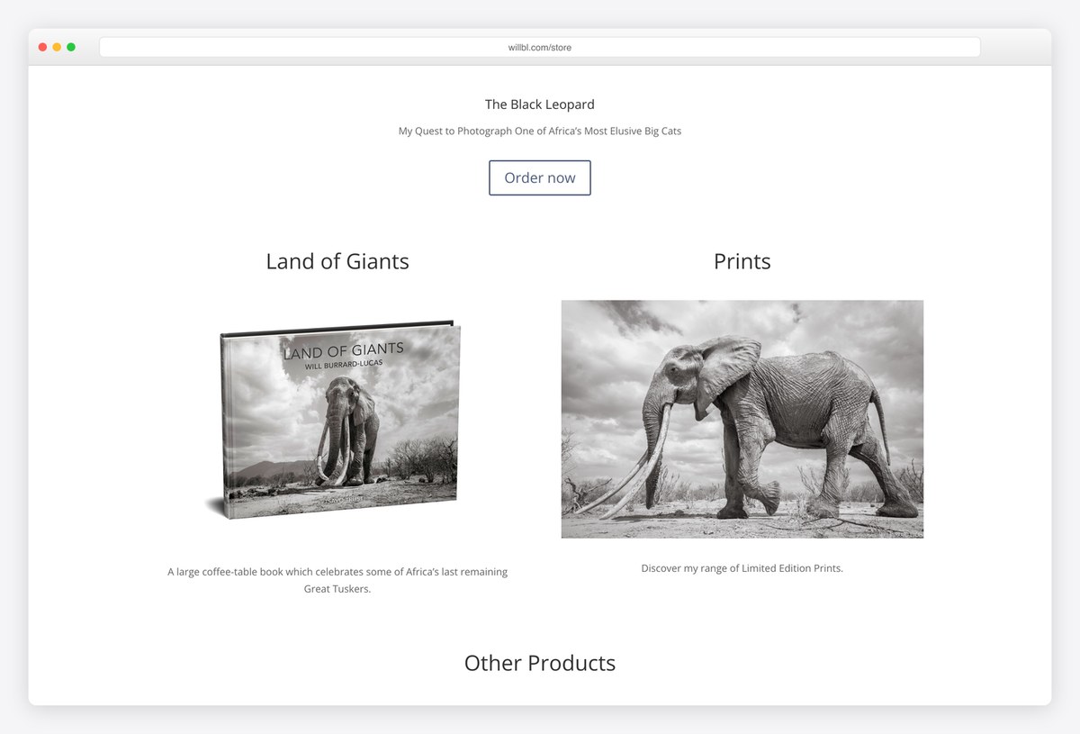 Will Burrard-Lucas's WooCommerce store with his Land of Giants book and limited edition prints