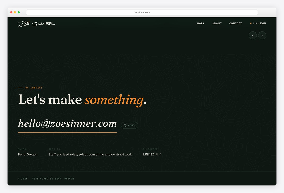 Zoë Sinner's contact block with her email and the roles and work she is open to