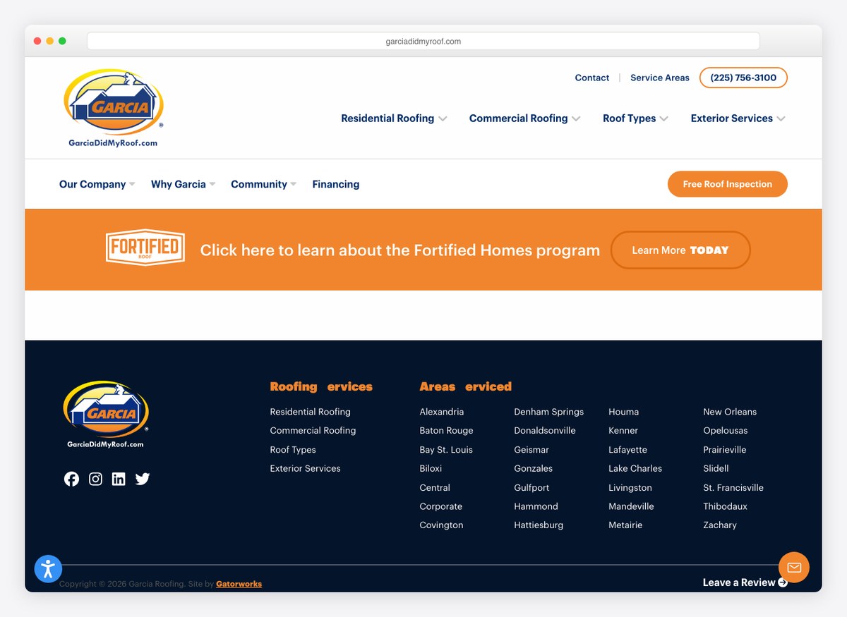 Garcia Roofing roofing company website homepage