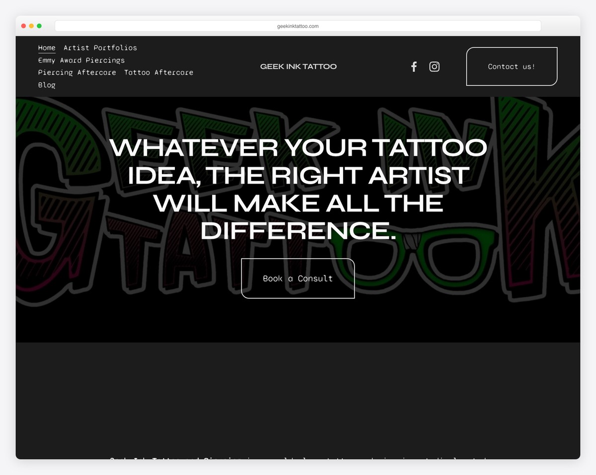 geek ink tattoo and piercing website example