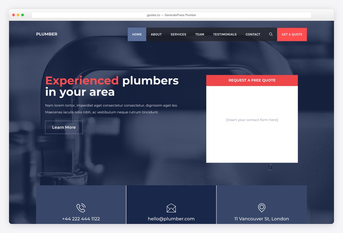 GeneratePress Plumber site from the GP Premium site library