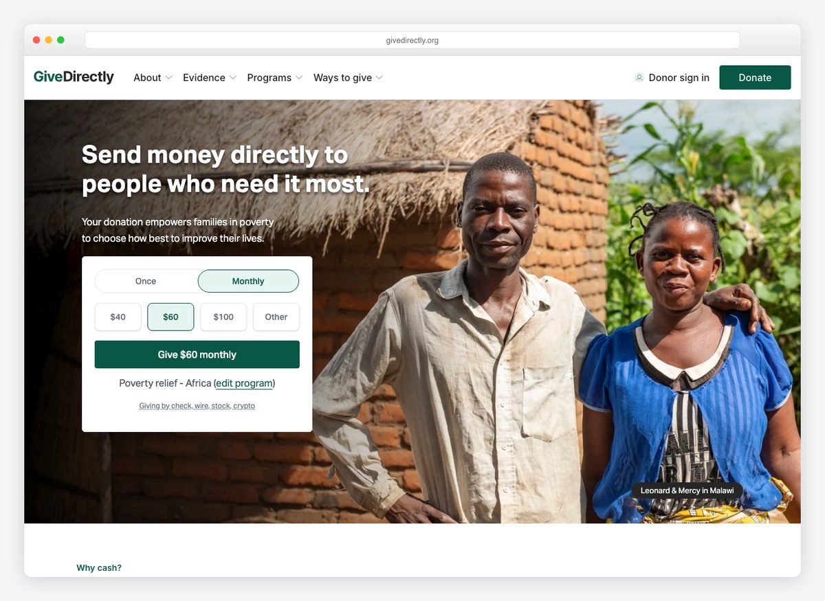 GiveDirectly charity website homepage