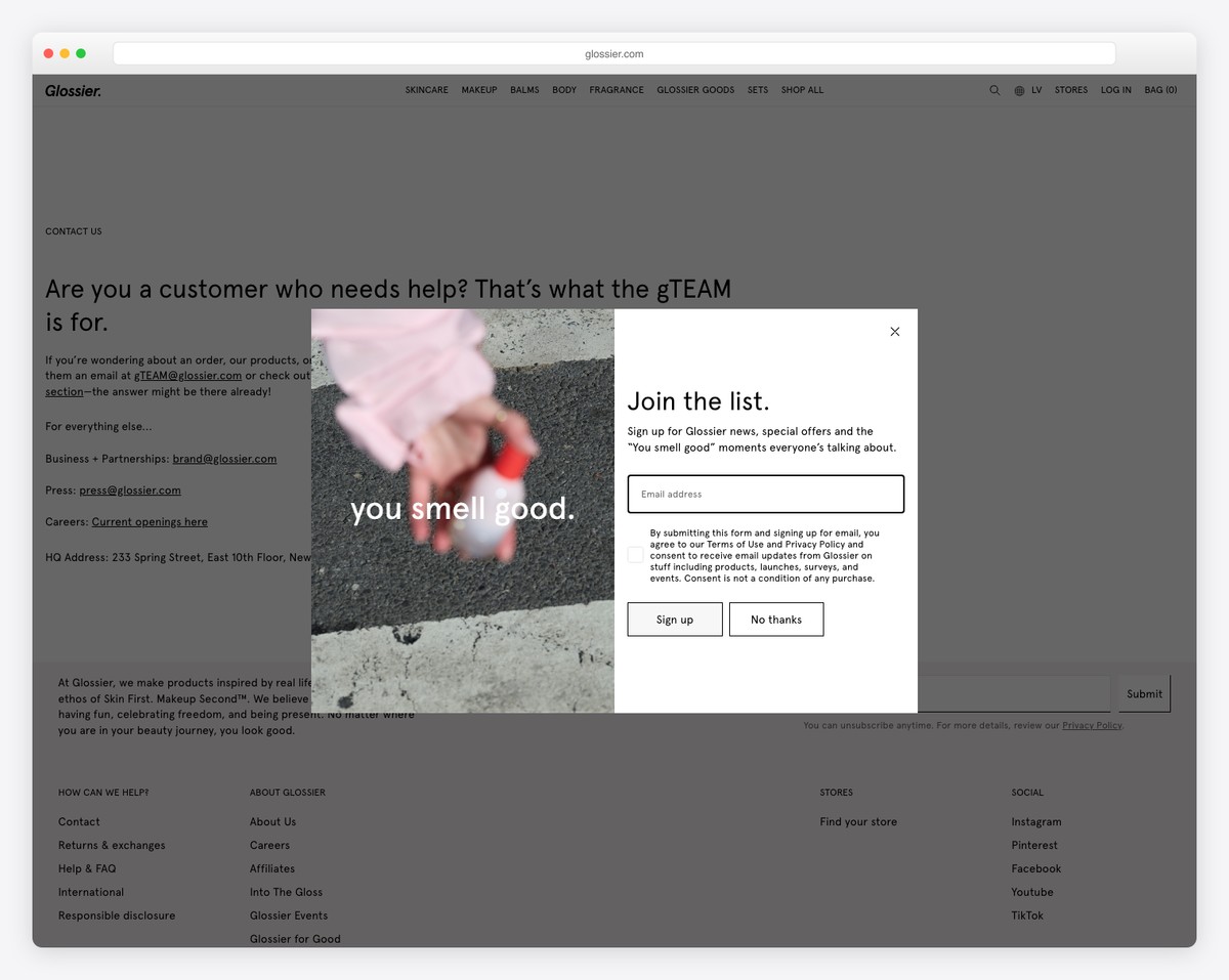 glossier contact us page